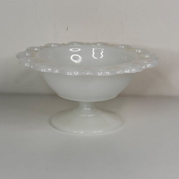 Vintage White Milk Glass Pedestal Bowl With Decorative Lace Edge Design - Picture 2 of 7